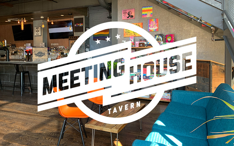 The Meeting House Tavern logo superimposed over a photo of the interior of the location