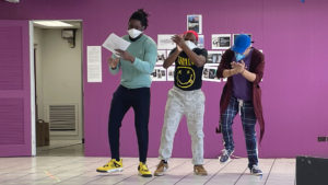 Sheldon D. Brown, Terry Guest, and Wardell Julius Clark in rehearsal for The Magnolia Ballet at About Face Theatre. Photo by Cecilia Koloski.