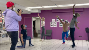 Mikael Burke films Wardell Julius Clark, Ben Sulzberger, Terry Guest, and Sheldon D. Brown in rehearsal for The Magnolia Ballet at About Face Theatre. Photo by Lucy Whipp.