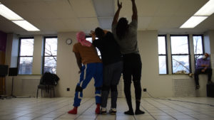 Terry Guest, Wardell Julius Clark, and Sheldon D. Brown in rehearsal for The Magnolia Ballet at About Face Theatre. Photo by Lucy Whipp.