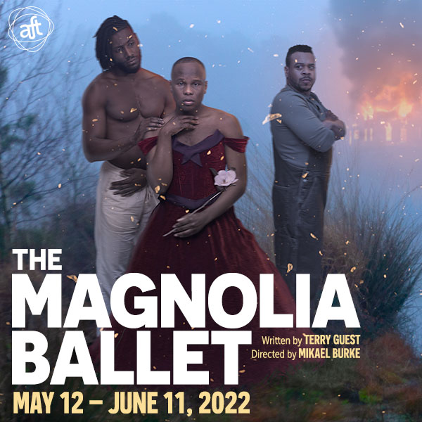 A Black man in a red dress holding a magnolia blossom, stands in a foggy swamp with a taller, shirtless Black man on one side of him and a disapproving Black man with his back turned on the other side. In the distance, a house is on fire.