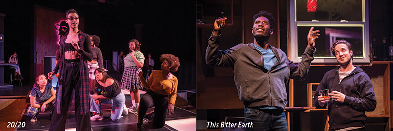 Two photos of past AFT productions: a group of young people gather around a central speaker in 20/20; a black man and his white partner celebrate in This Bitter Earth