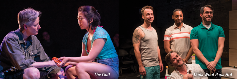 Two photos of past AFT productions: two women look deeply at each other in a boat in The Gulf; four men look fondly into the distance in Dada Woof Papa Hot