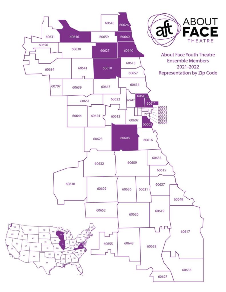 Chicago and United States maps highlight the states and zip codes that AFYT members were from in 2021-2022.
