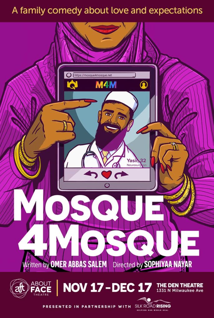 A woman in a headscarf points to an iPad screen showing a handsome traditional Muslim doctor on a dating app. The title reads Mosque 4 Mosque.