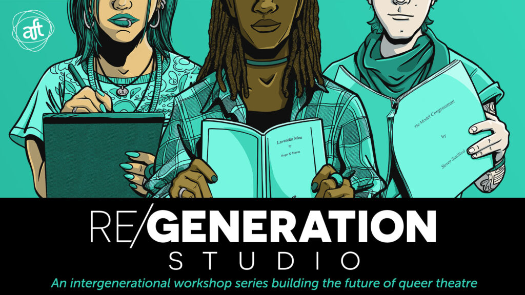 An illustration of three people holding a writing pad, a published script, and an unpublished script. Title: Re/Generation Studio