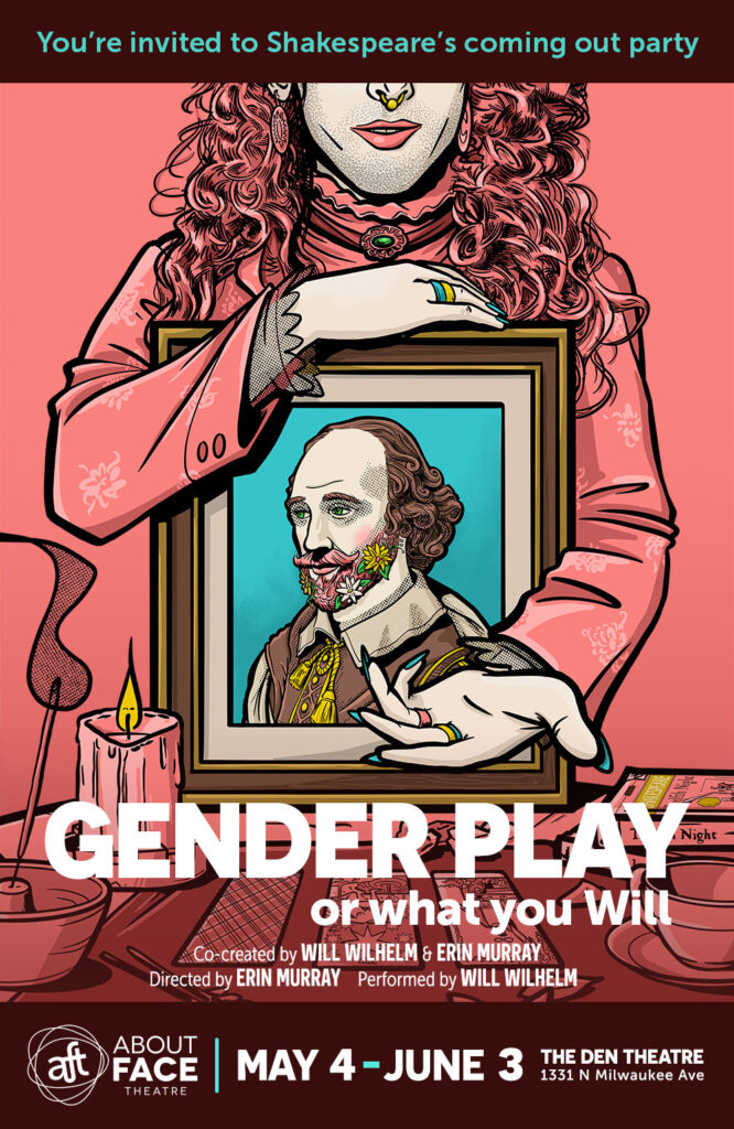 A figure holds a framed portrait of William Shakespeare at a seance table. The title reads Gender Play, or what you Will.