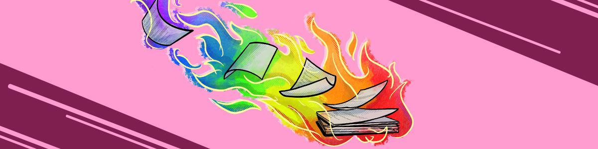 An illustration of a play script with pages flying away on fire with rainbow colored flames