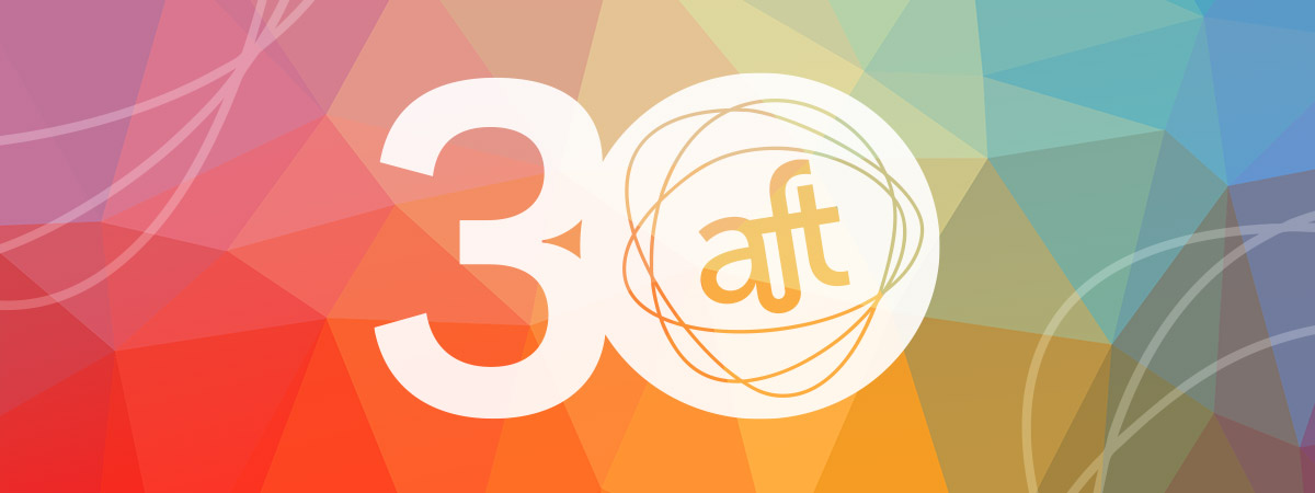 An AFT 30th Season logo on a rainbow background